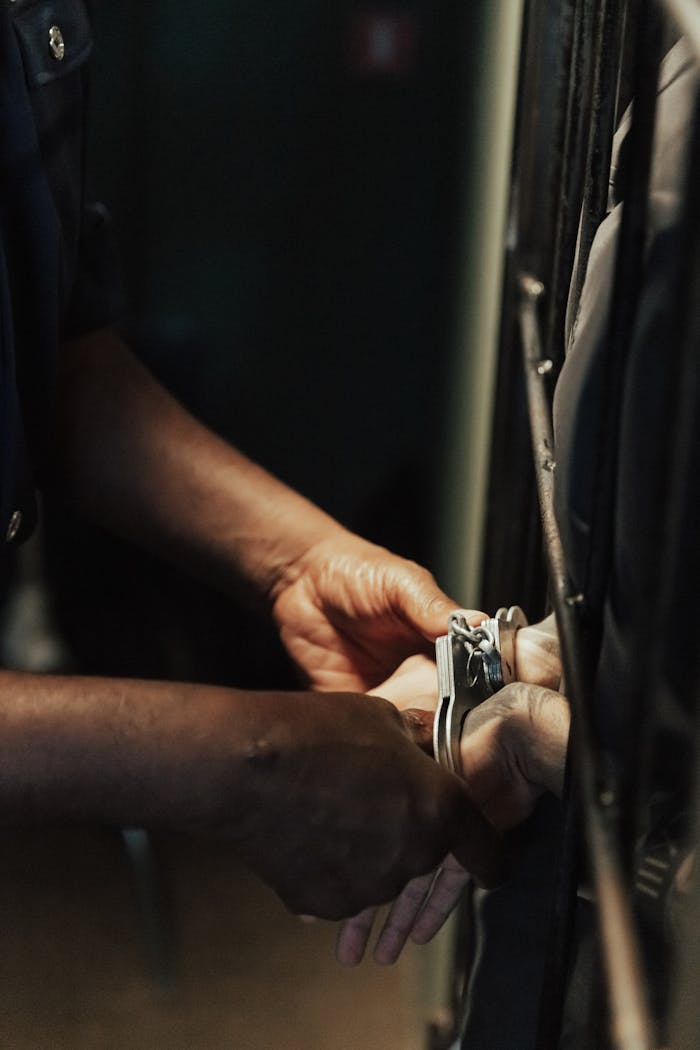 Detailed image of hands handcuffed to jail cell bars, depicting law enforcement action.